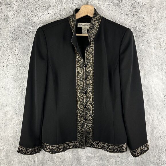 Vintage Marie St. Claire Suit Jacket Black Gold Floral Embroidered Lined Size 12 - Picture 1 of 8